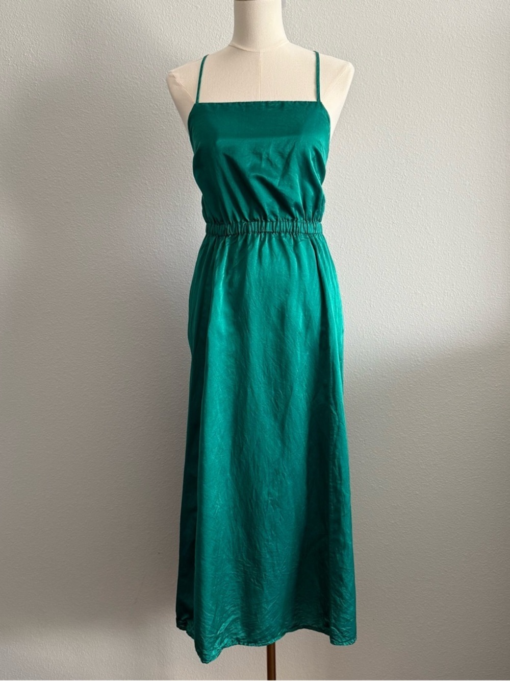 Brazeau Tricot Green Satin Midi Dress Open Back Strappy Silk Slip Style